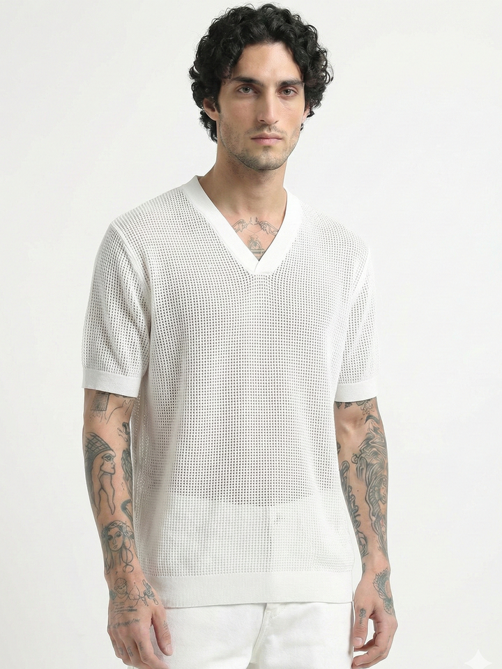 Textured V-Neck Pointelle Knit T-Shirt - White