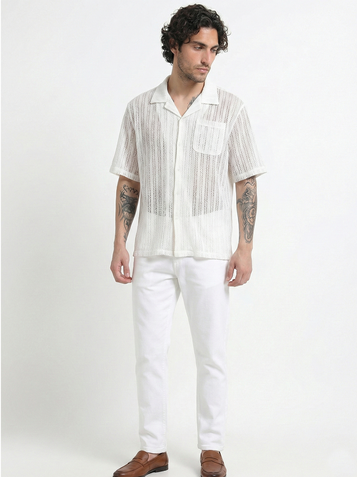 Vertical Stripe Crochet Mesh Shirt - White
