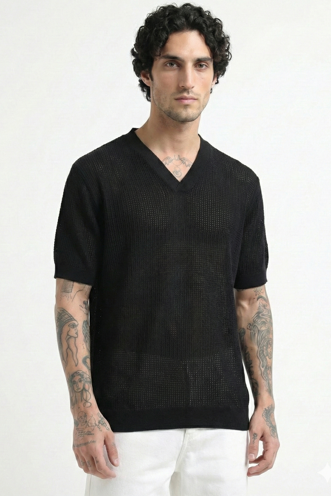 Textured V-Neck Pointelle Knit T-Shirt - Black