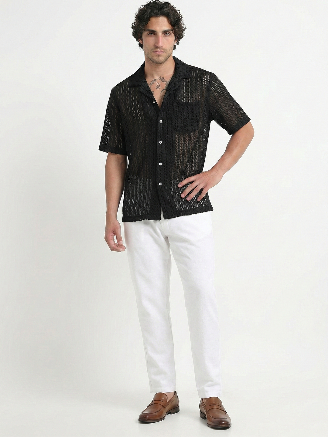 Vertical Stripe Crochet Mesh Shirt - Black