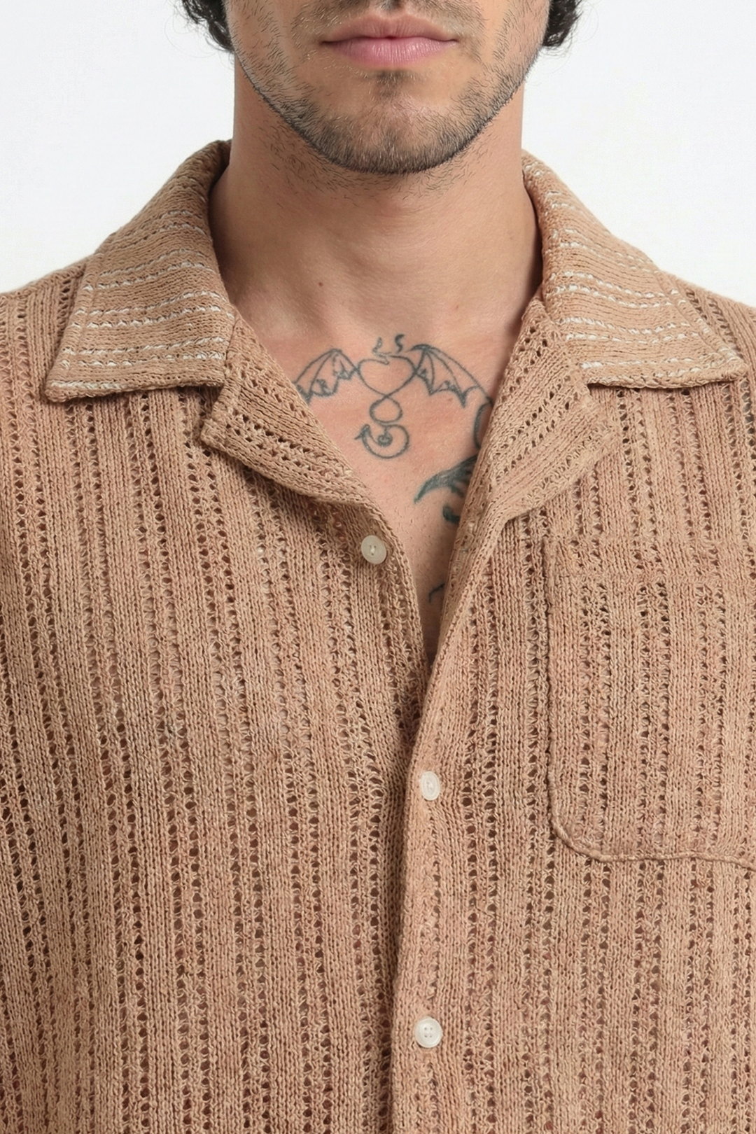 Vertical Stripe Crochet Mesh Shirt - Khaki