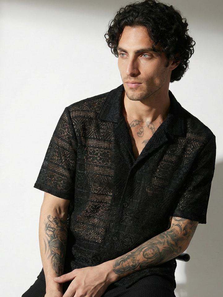 Crochet Lace Short Sleeve Cuban Collar Shirt - Black