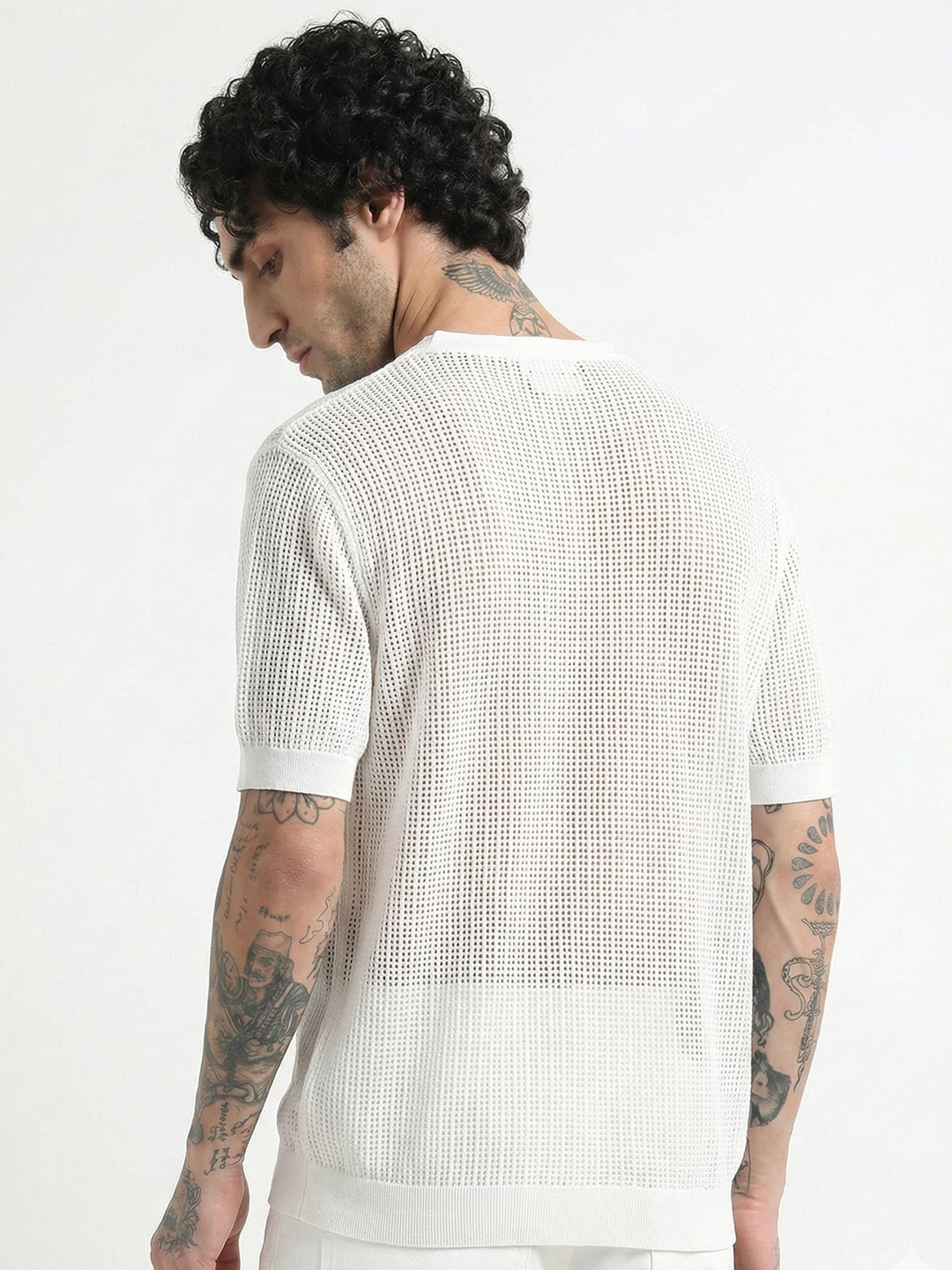 Textured V-Neck Pointelle Knit T-Shirt - White