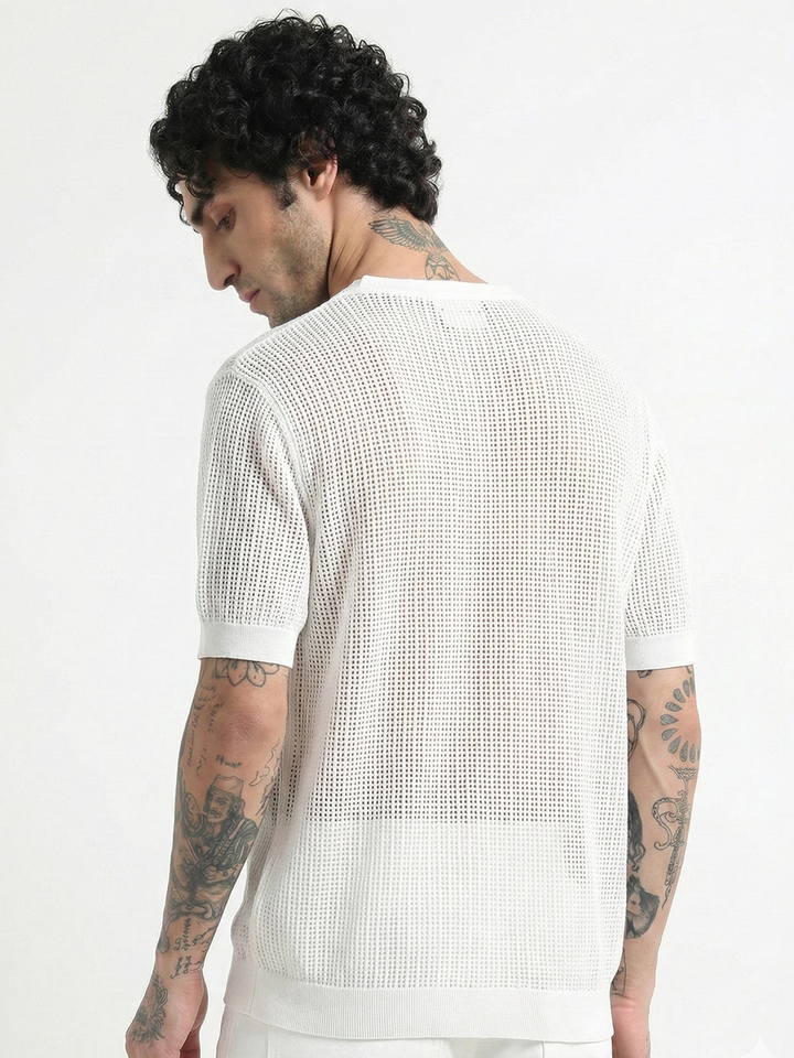 Textured V-Neck Pointelle Knit T-Shirt - White