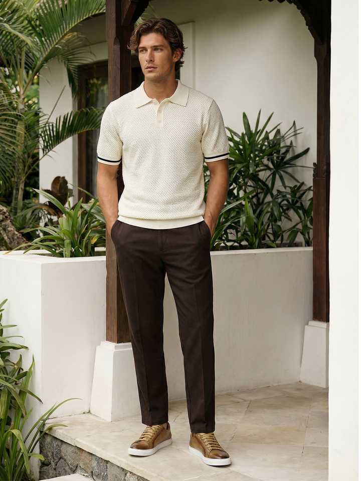 Serano Textured Knit Polo – Ivory
