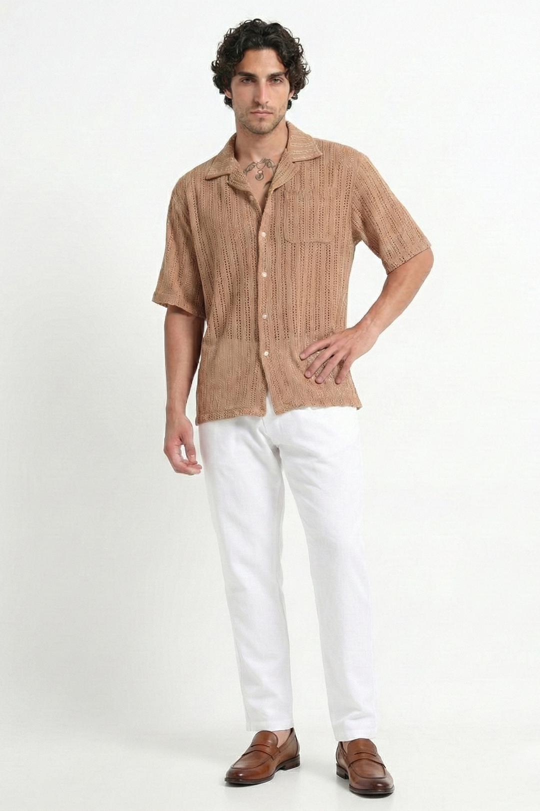 Vertical Stripe Crochet Mesh Shirt - Khaki