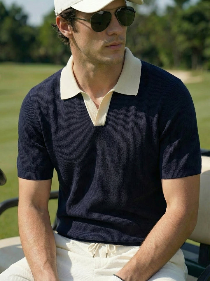 Creston Contrast Collar Knit Polo – Navy