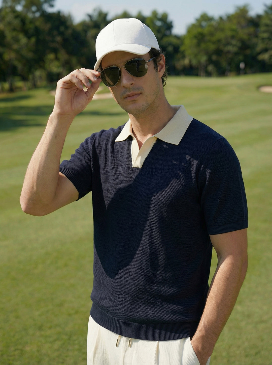 Creston Contrast Collar Knit Polo – Navy