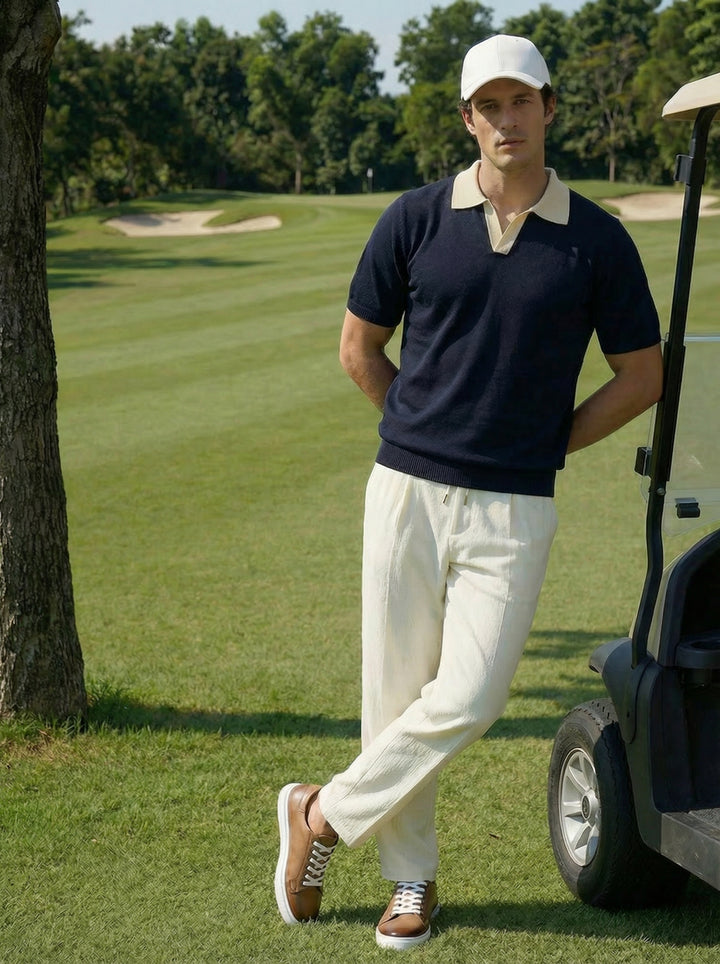 Creston Contrast Collar Knit Polo – Navy