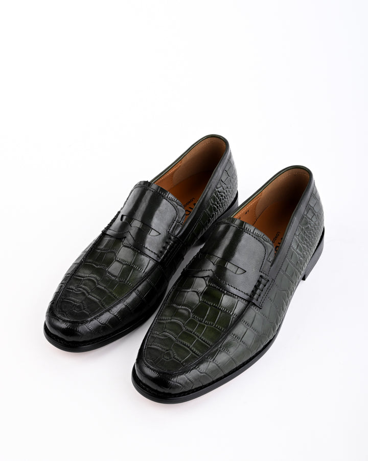 Cordwain Saviero Croc Penny Loafers – Emerald Obsidian