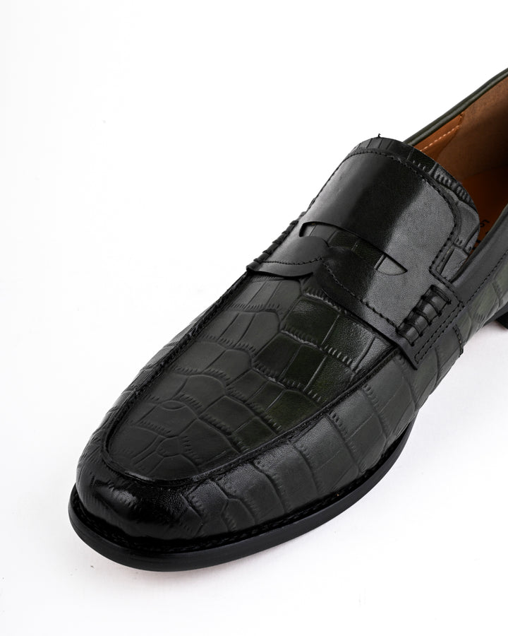 Cordwain Saviero Croc Penny Loafers – Emerald Obsidian