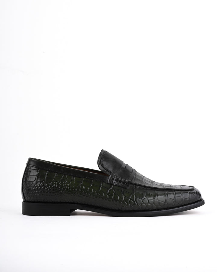 Cordwain Saviero Croc Penny Loafers – Emerald Obsidian