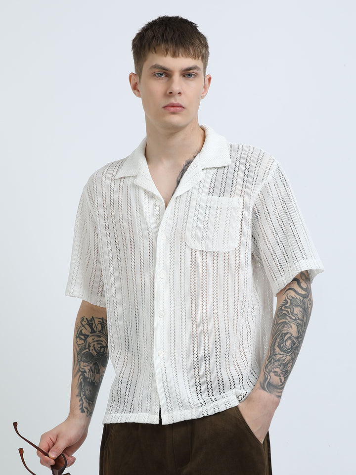 Vertical Stripe Crochet Mesh Shirt - White