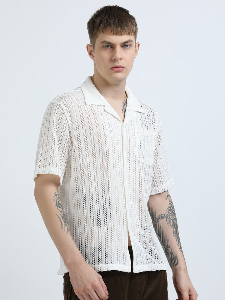 Vertical Stripe Crochet Mesh Shirt - White