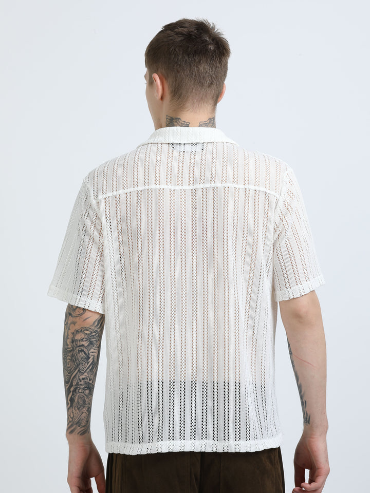 Vertical Stripe Crochet Mesh Shirt - White