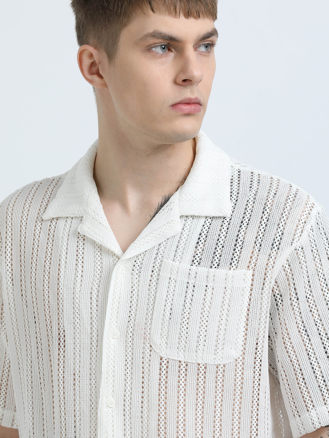 Vertical Stripe Crochet Mesh Shirt - White
