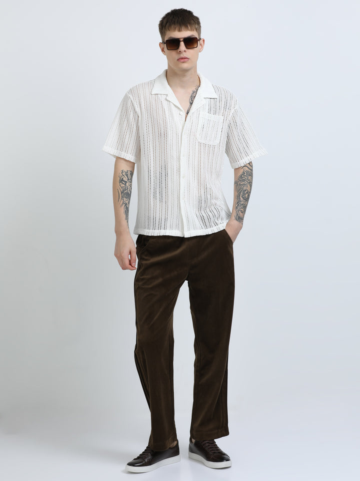 Vertical Stripe Crochet Mesh Shirt - White