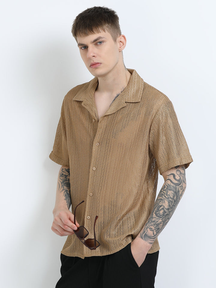 Sheer Textured Cuban Collar Short Sleeve Shirt - Khaki