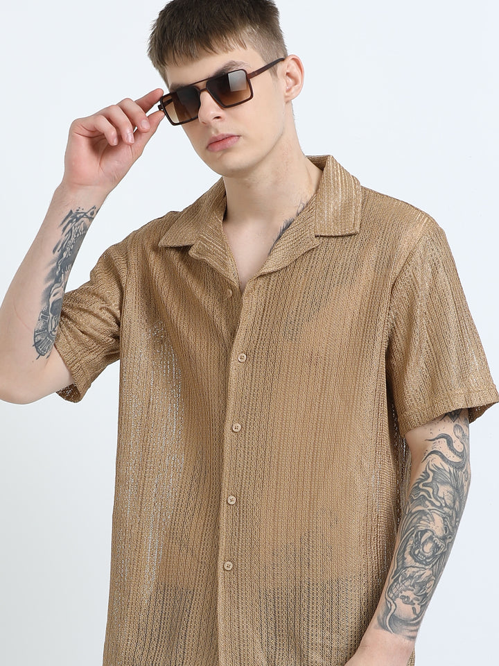 Sheer Textured Cuban Collar Short Sleeve Shirt - Khaki