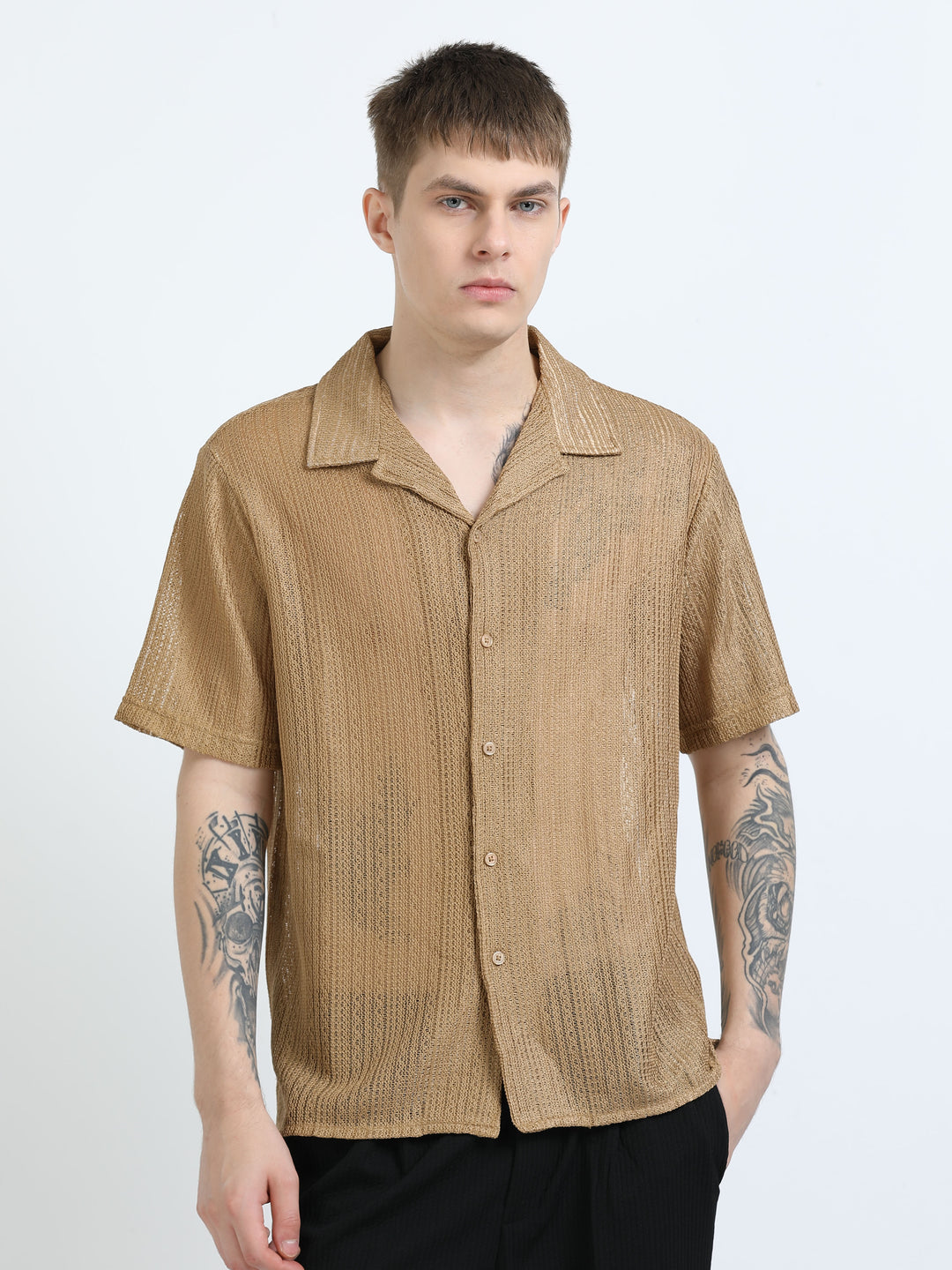Sheer Textured Cuban Collar Short Sleeve Shirt - Khaki