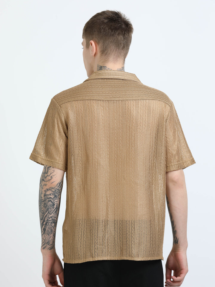 Sheer Textured Cuban Collar Short Sleeve Shirt - Khaki