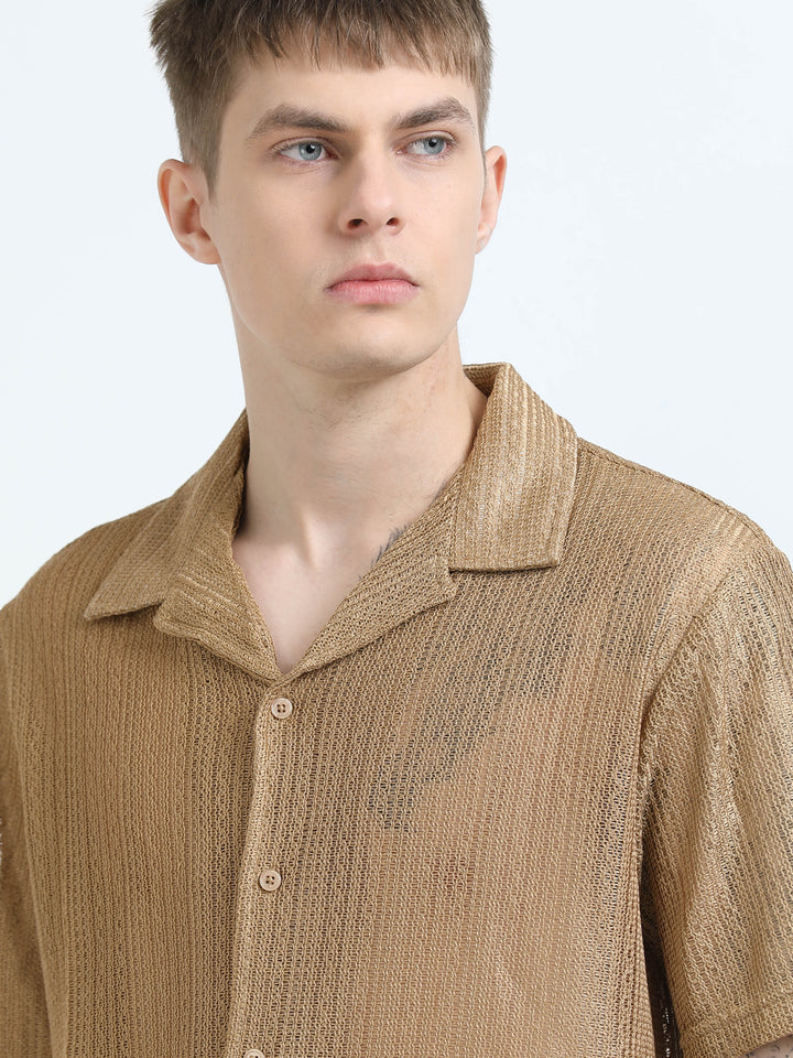 Sheer Textured Cuban Collar Short Sleeve Shirt - Khaki
