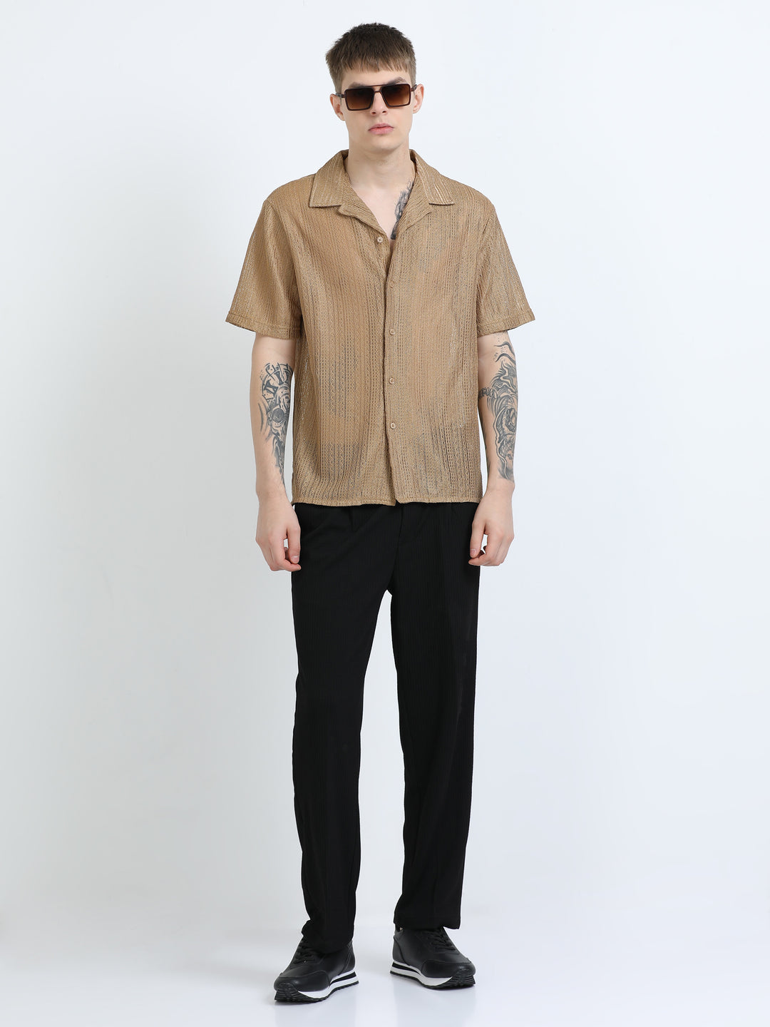 Sheer Textured Cuban Collar Short Sleeve Shirt - Khaki