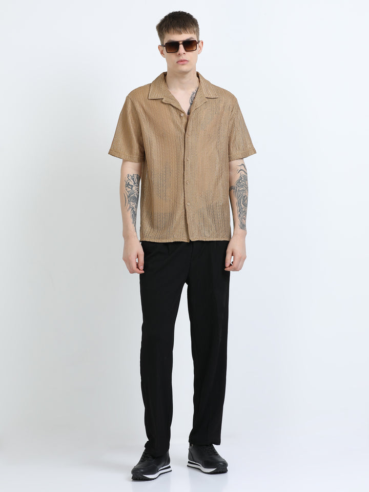 Sheer Textured Cuban Collar Short Sleeve Shirt - Khaki