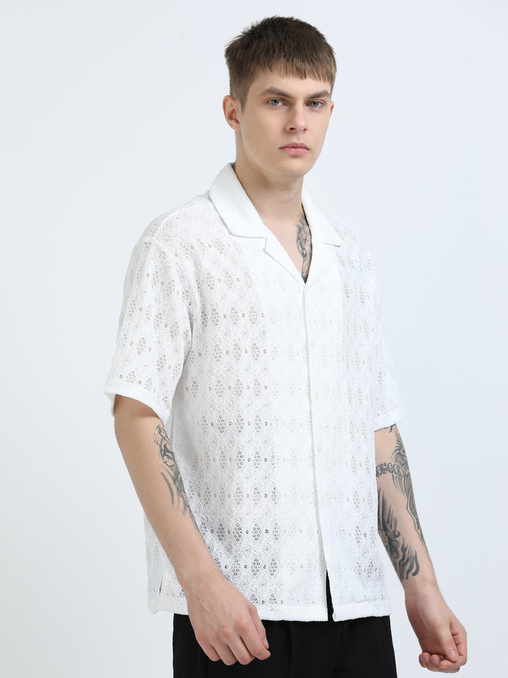 Premium Lace Pattern Short Sleeve Shirt - White