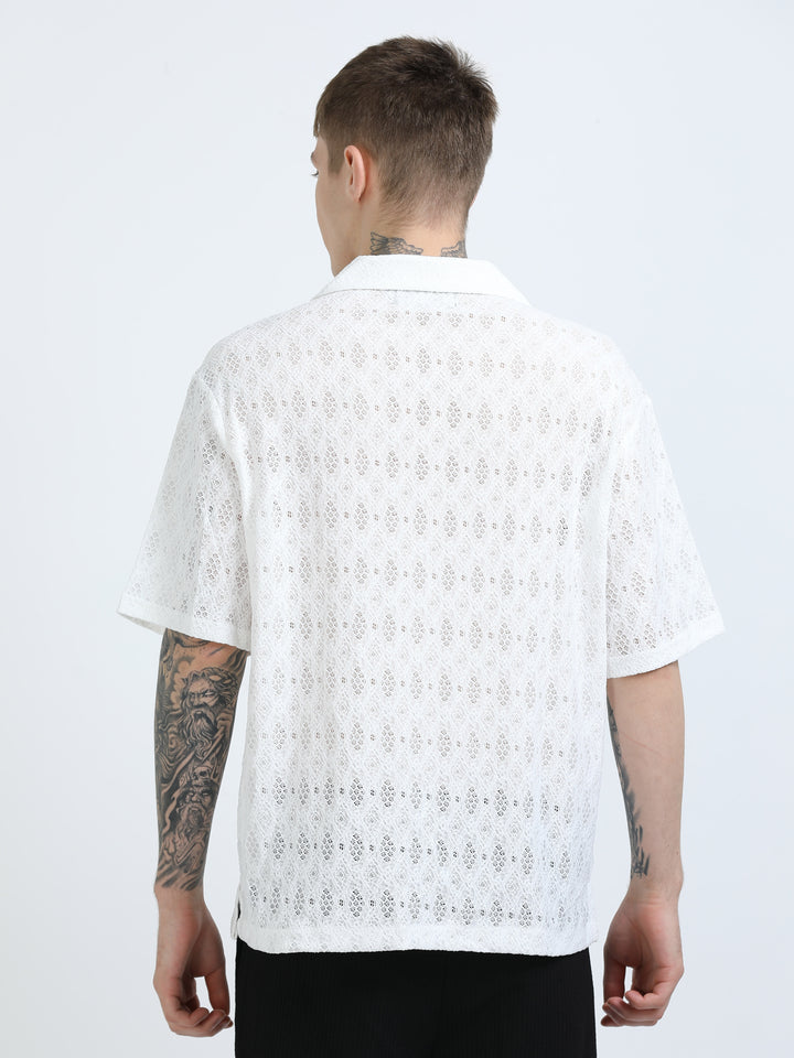 Premium Lace Pattern Short Sleeve Shirt - White