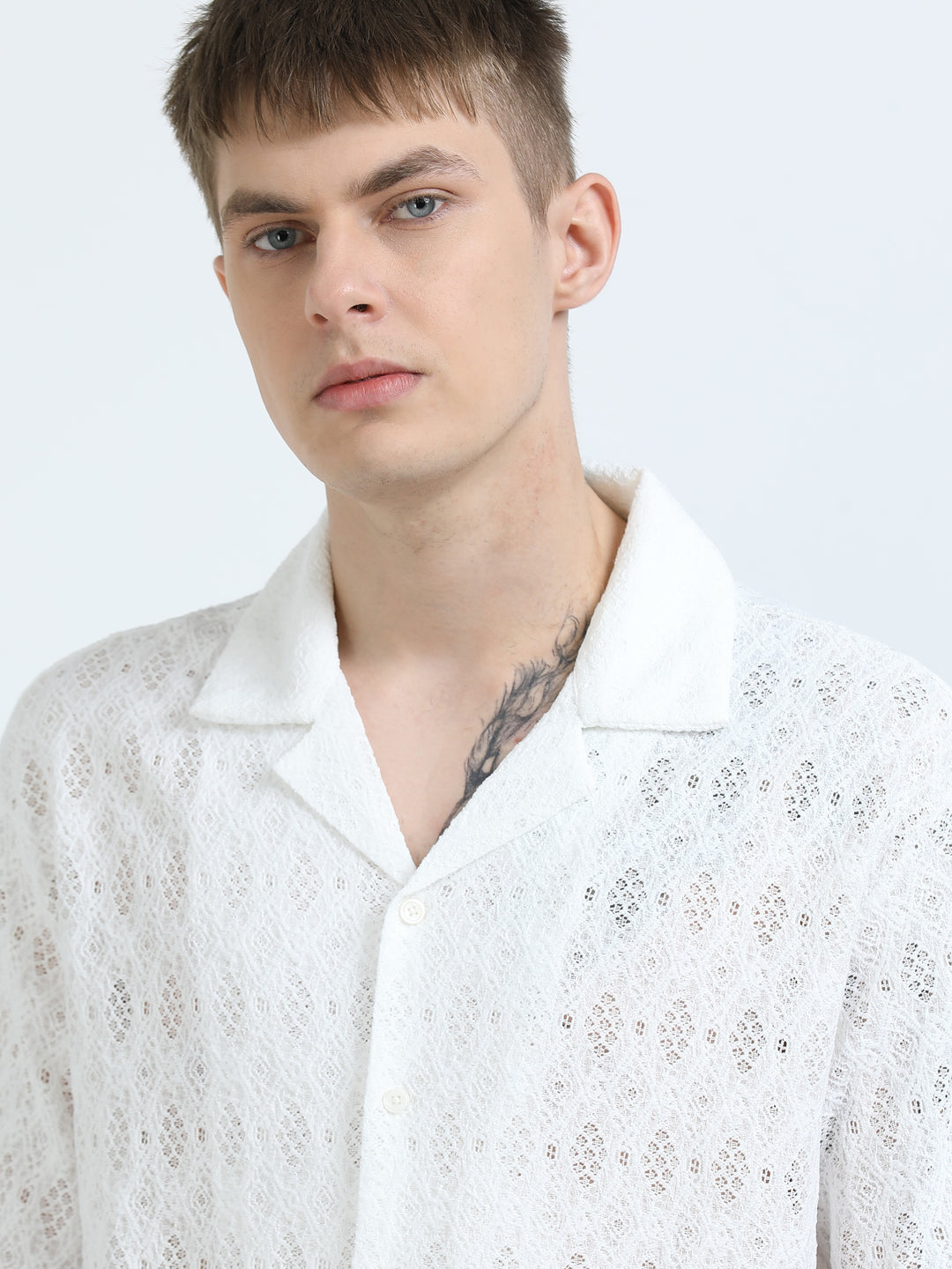 Premium Lace Pattern Short Sleeve Shirt - White