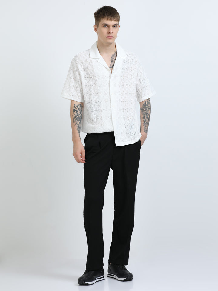 Premium Lace Pattern Short Sleeve Shirt - White