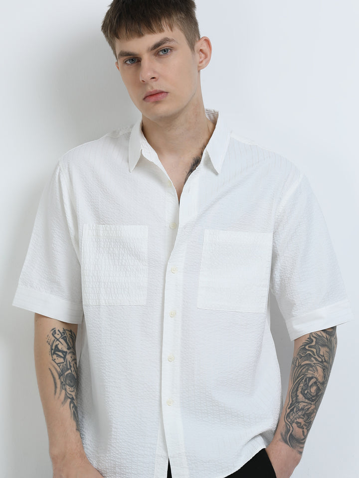 Crisp White Textured Short-Sleeve Shirt