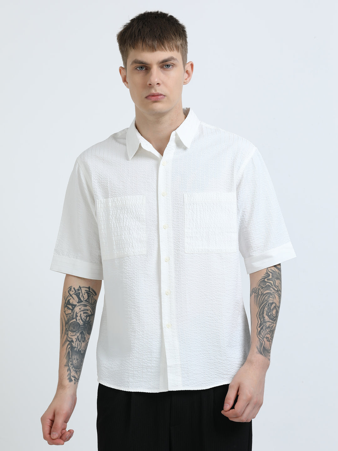 Crisp White Textured Short-Sleeve Shirt