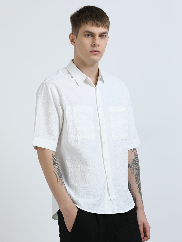 Crisp White Textured Short-Sleeve Shirt
