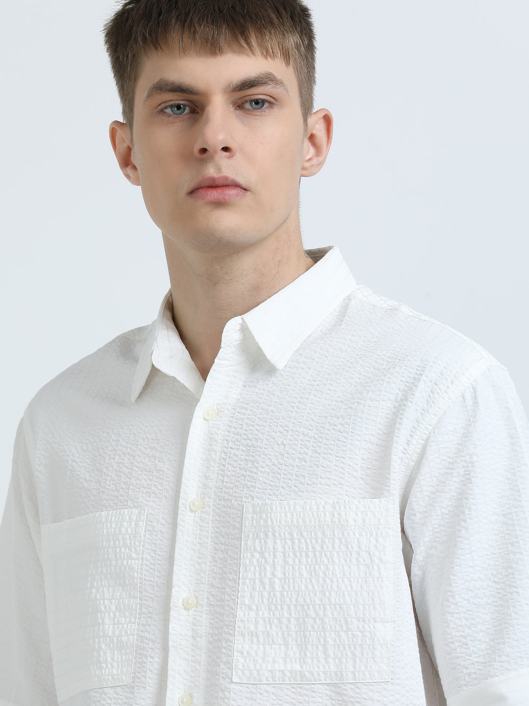 Crisp White Textured Short-Sleeve Shirt
