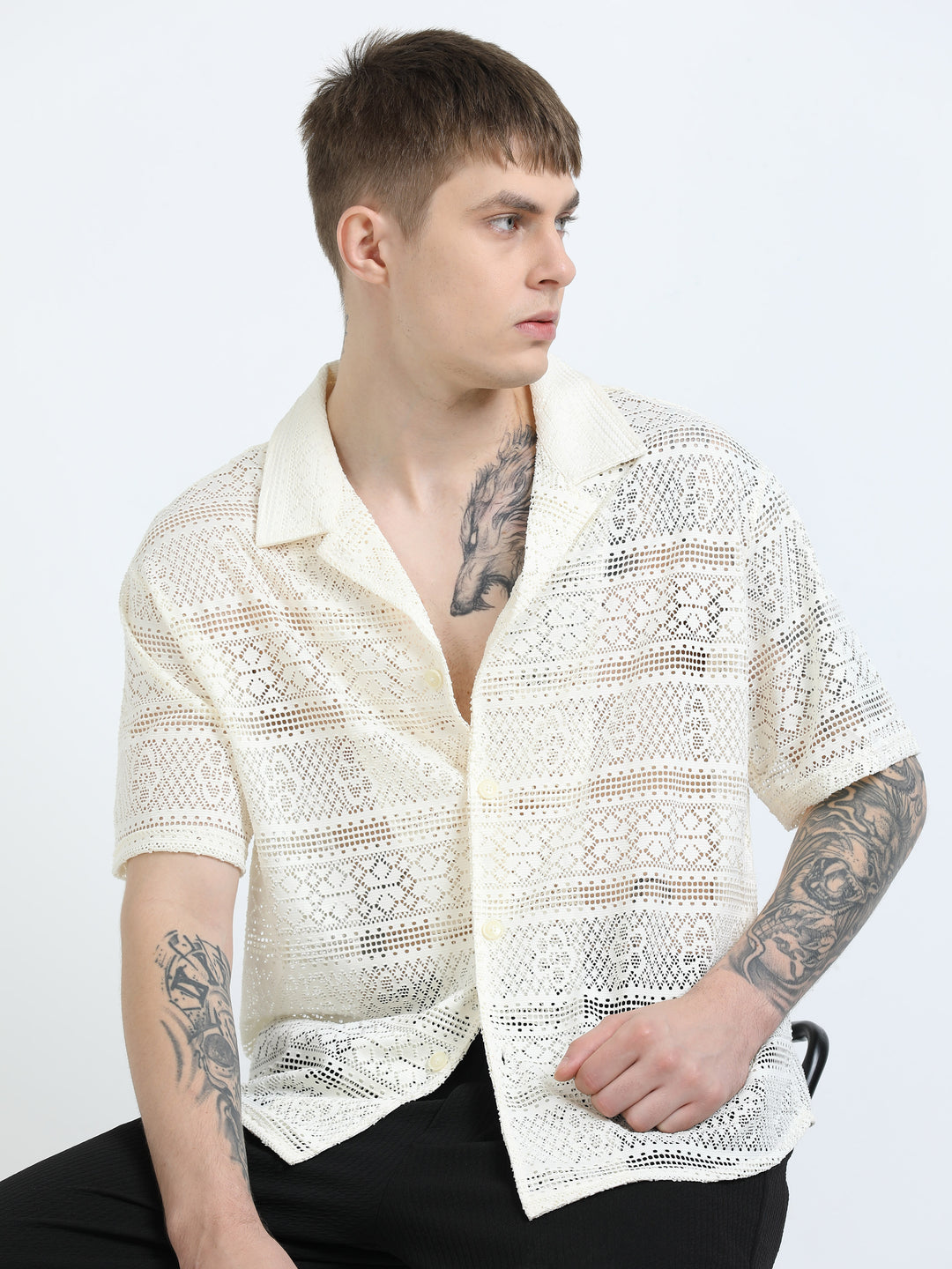 Crochet Lace Short Sleeve Cuban Collar Shirt - Beige