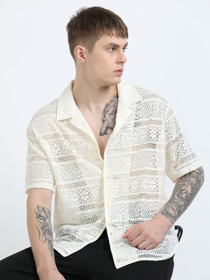 Crochet Lace Short Sleeve Cuban Collar Shirt - Beige