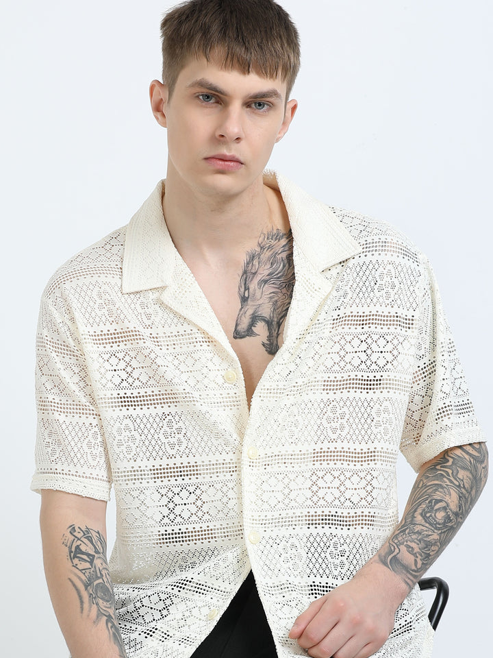 Crochet Lace Short Sleeve Cuban Collar Shirt - Beige