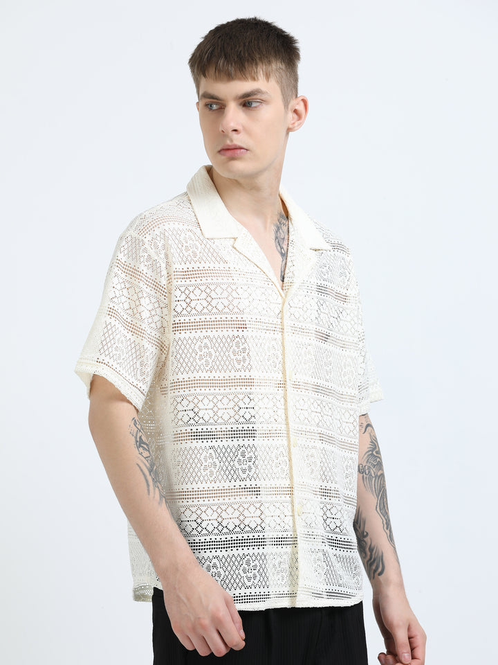 Crochet Lace Short Sleeve Cuban Collar Shirt - Beige