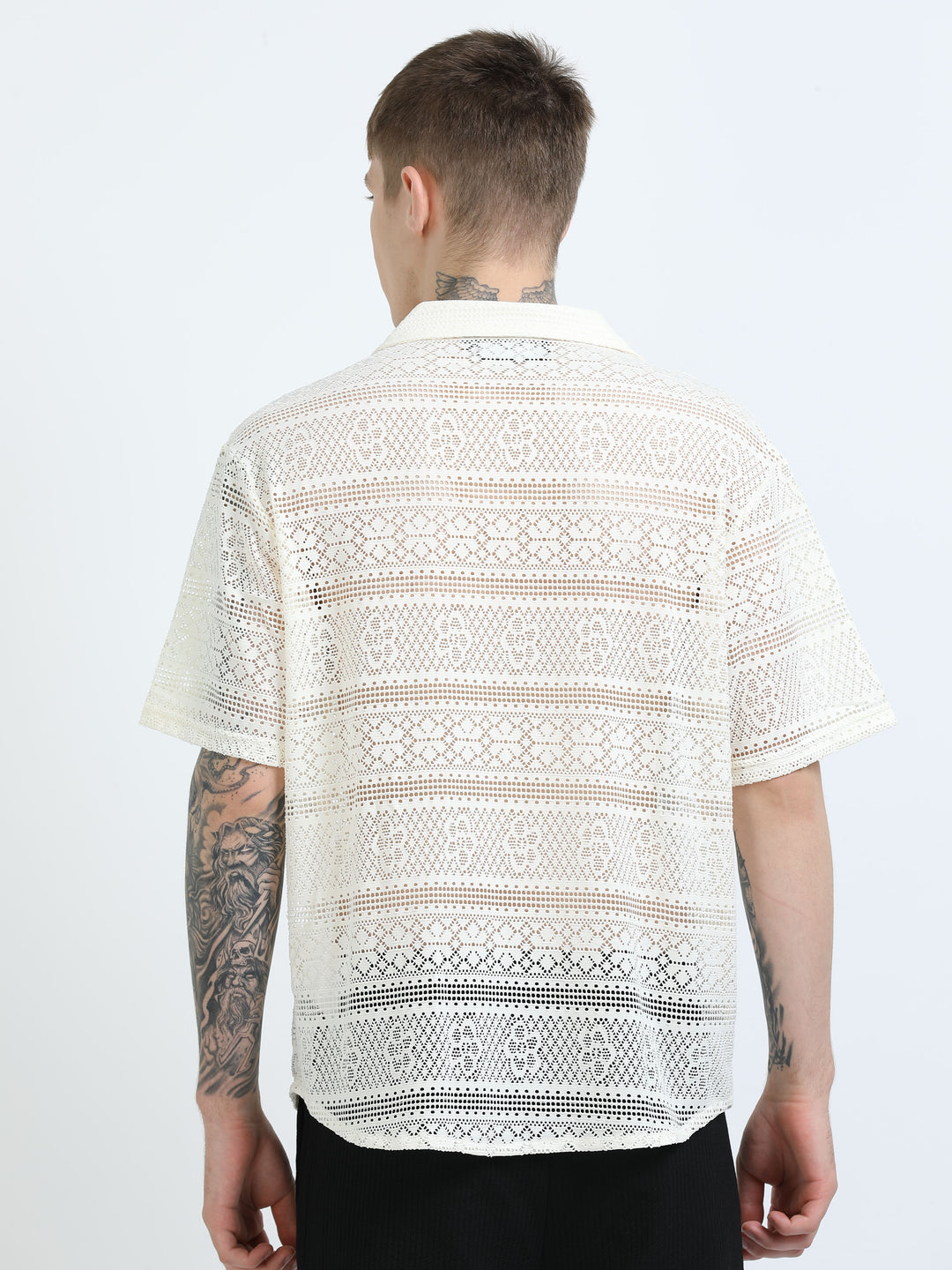 Crochet Lace Short Sleeve Cuban Collar Shirt - Beige