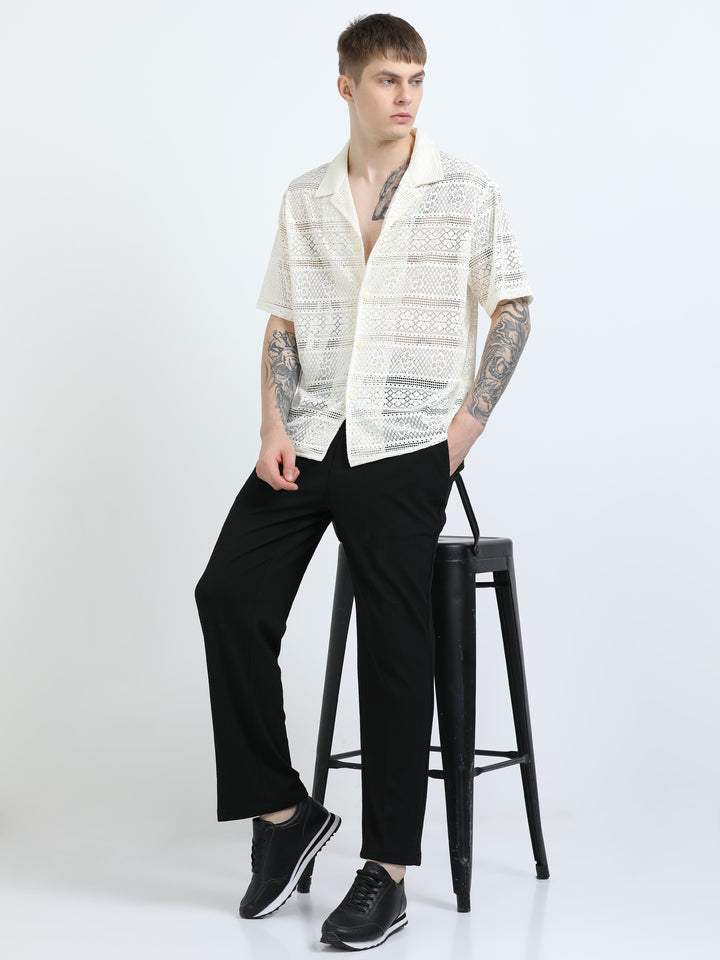 Crochet Lace Short Sleeve Cuban Collar Shirt - Beige