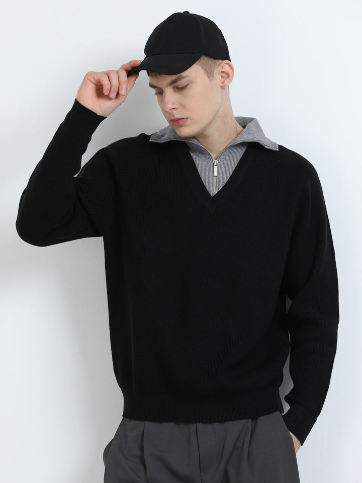 Long Collar Zip Knit Top