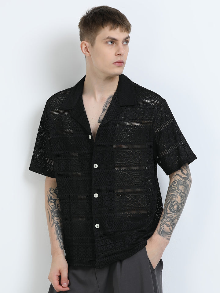 Crochet Lace Short Sleeve Cuban Collar Shirt - Black