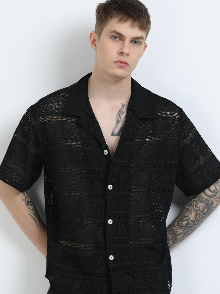 Crochet Lace Short Sleeve Cuban Collar Shirt - Black