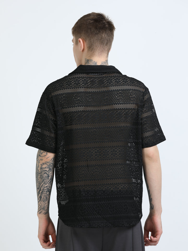 Crochet Lace Short Sleeve Cuban Collar Shirt - Black