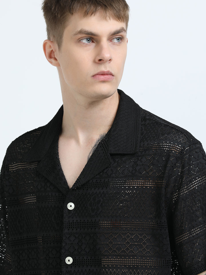 Crochet Lace Short Sleeve Cuban Collar Shirt - Black