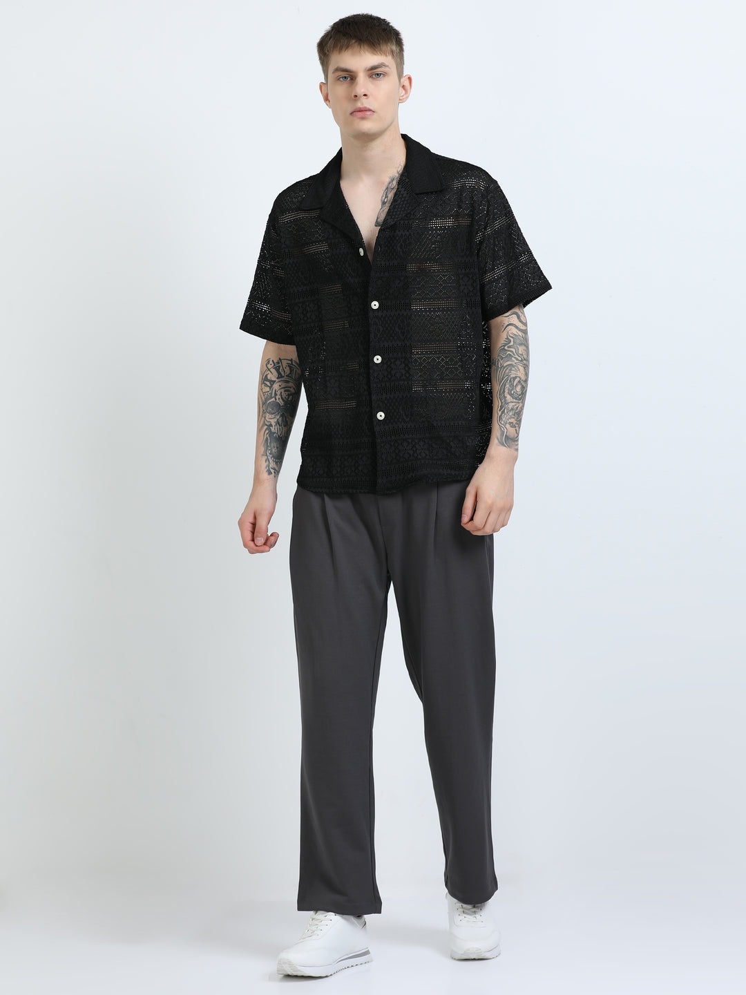 Crochet Lace Short Sleeve Cuban Collar Shirt - Black