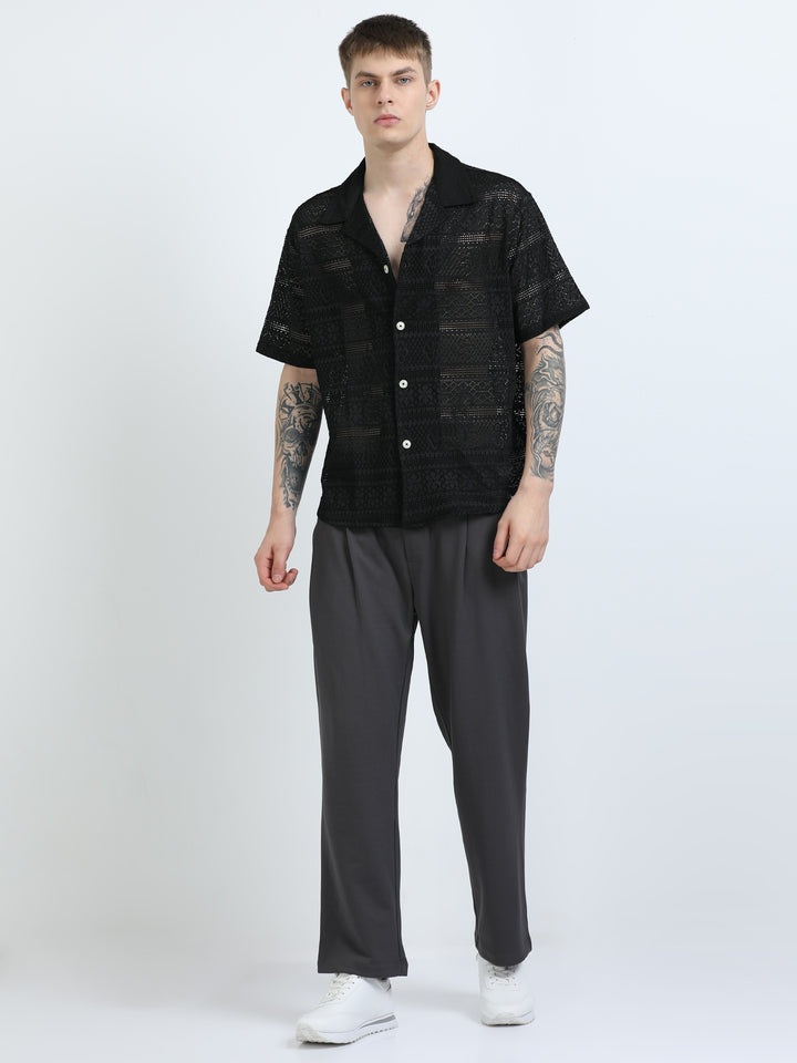 Crochet Lace Short Sleeve Cuban Collar Shirt - Black