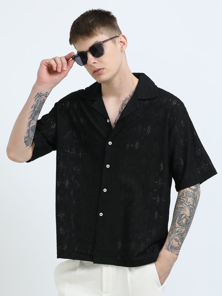 Premium Lace Pattern Short Sleeve Shirt - Black